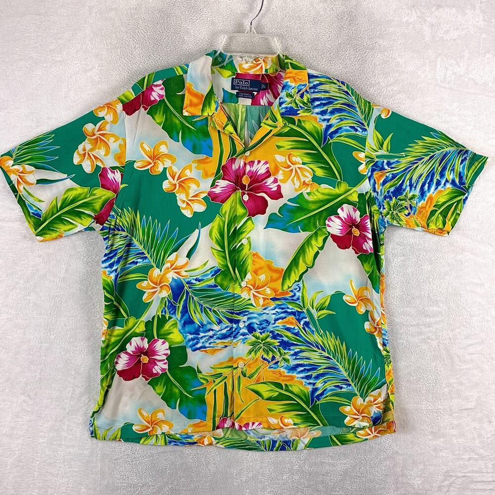 Vintage Polo Ralph Lauren Hawaiian Shirt Men L Floral Palms Caldwell Loop Collar